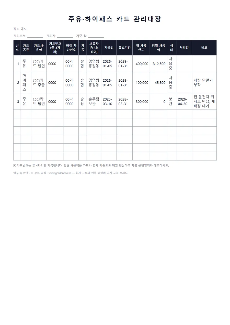 주유·하이패스 카드 관리대장 미리보기