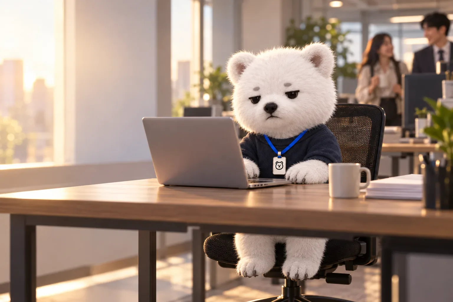 아침 사무실에서 노트북을 보는 BOBPOOH